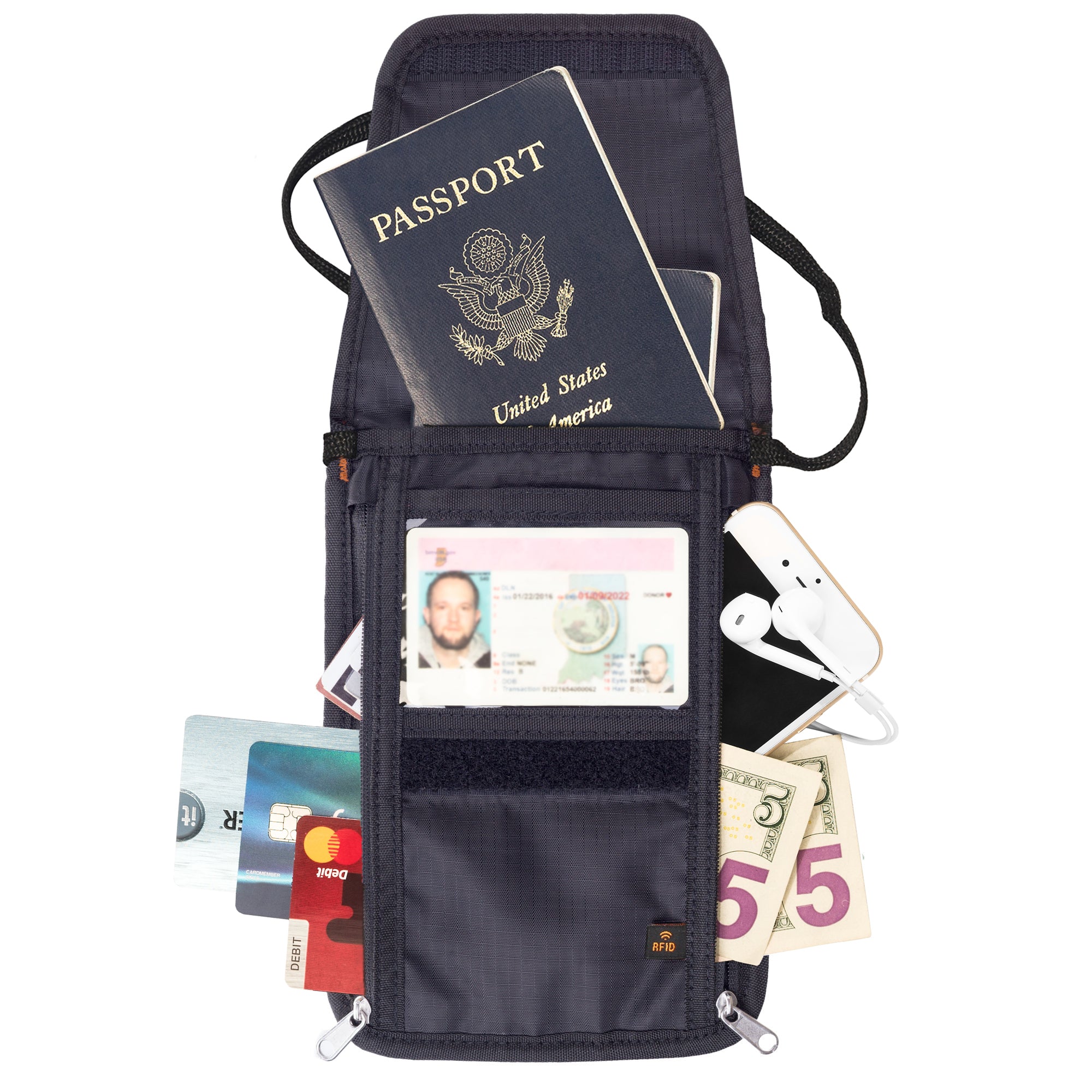 Travelon Neck Pouch RFID Blocking Passport Holder Travel Wallet ID Card Bag  Grey 